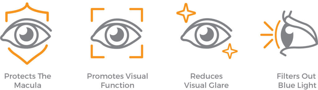 Icons: Protect The Macula, Promotes Visual Function, Reduces Visual Glare, Filters Out Blue Light
