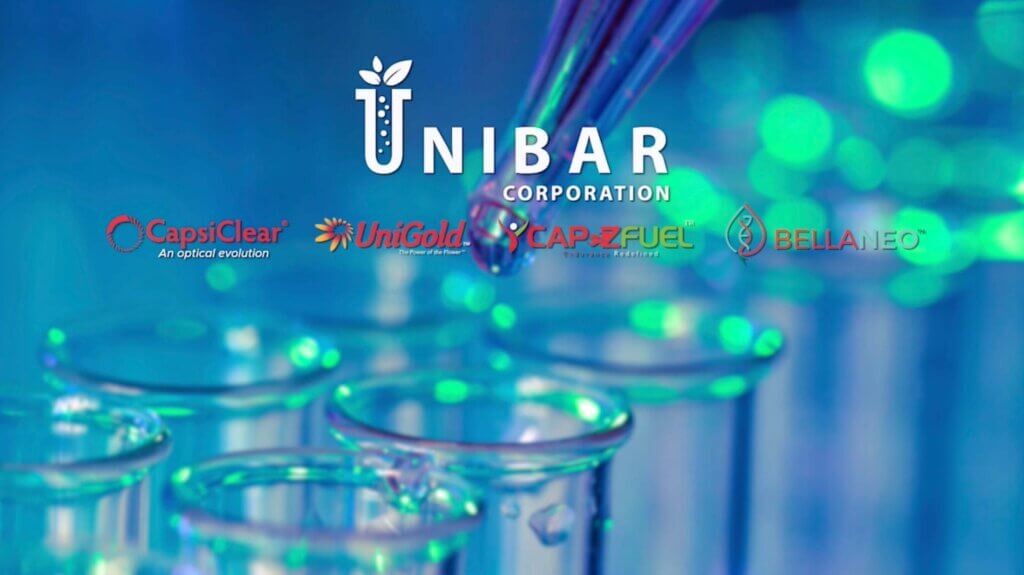 This image shows a digital banner for “Unibar Corporation,” featuring several product logos such as “CapsiClear,” “UniGold,” “CAPZFUEL,” and “Bellaneo,” superimposed over a blurred background of laboratory glassware with vibrant blue and green lighting.